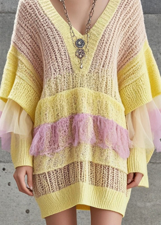 Yellow Hollow Out Patchwork Tulle Knitted Dress Fall