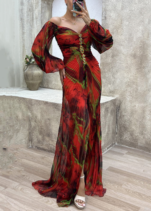Red Side Open Cotton Long Dresses V Neck Long Sleeve