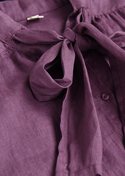Purple Stand Collar Bow Button Linen Shirt Long Sleeve