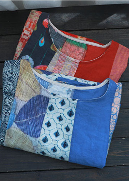 Simple Blue O-neck Print Short Sleeve a Line Fall Dress