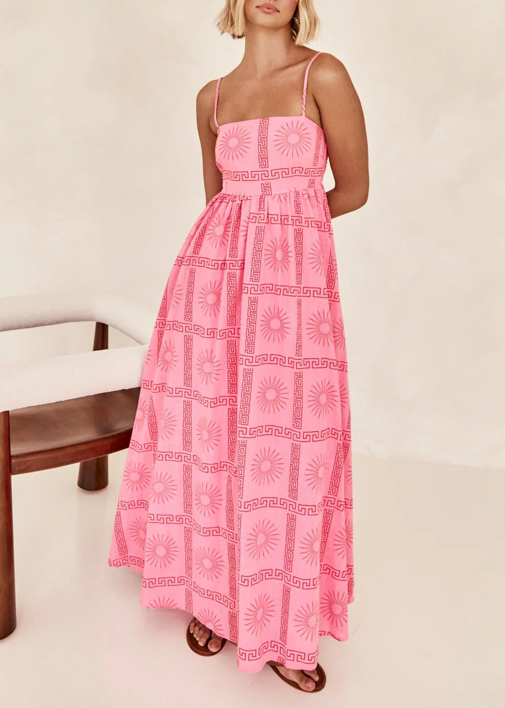 French Pink Print Hollow Out Cotton Spaghetti Strap Dress Summer