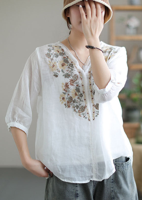 White V Neck Embroidered Linen Blouse Tops Half Sleeve