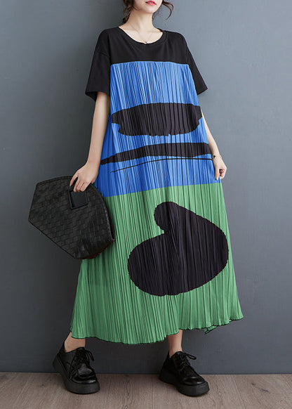 Diy Blue Oversized Patchwork Print Cotton Maxi Dress Summer