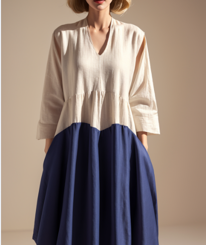 Two Tone Linen Loose Dress Summer