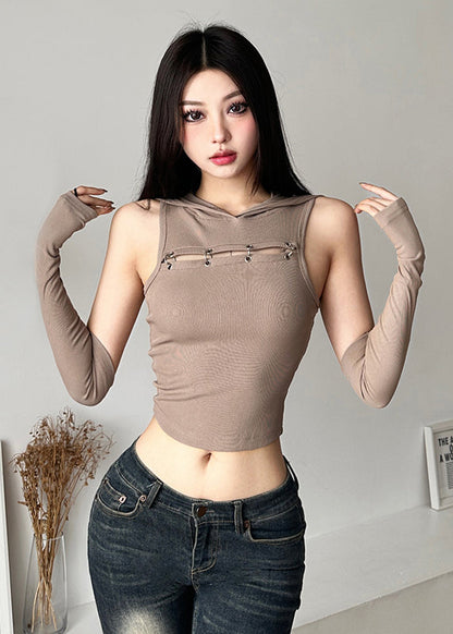 Spicy Girl Khaki Spliced Hooded Hollow Short Top