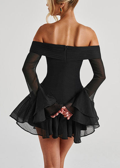 Black Zippered Cotton Mid Dresses Slash Neck Spring