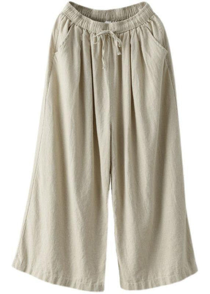Beige Elastic Waist Tie Waist Wide Leg Pants Linen
