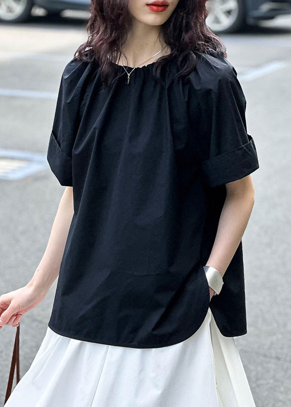 Black Side Open Cotton Tops O Neck Short Sleeve