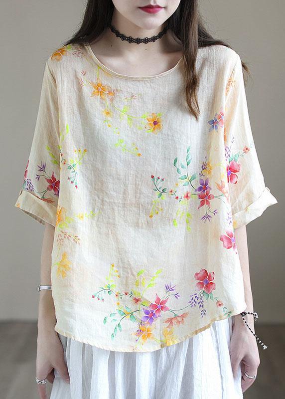 Natural White O-neck Print Patchwork Summer Ramie Shirt Tops