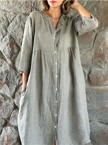 New Seven-quarter Sleeve Cotton and Linen Color Collar Buttons Long Dresses