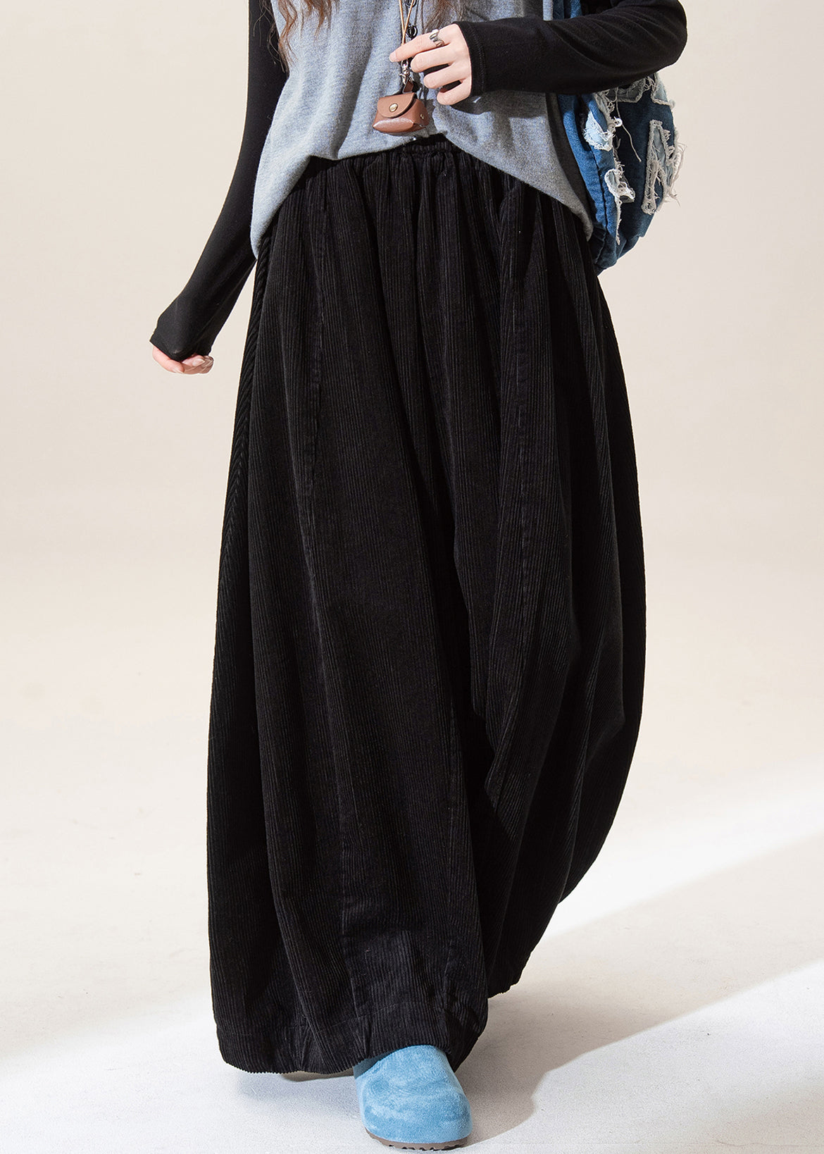 Black Elastic Waist Corduroy Wide Leg Pants Fall