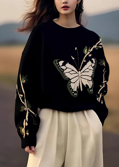 Black O Neck Butterfly Print Knit Sweaters Spring
