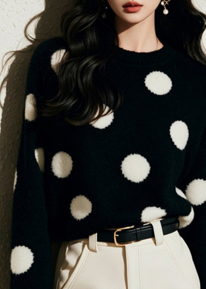 French Black O-neck Dot Print Cozy Cotton Knit Sweater Spring