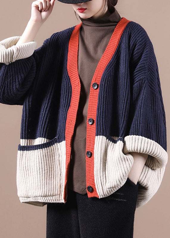 Navy V Neck Patchwork Button Thick Knit Sweaters Coats Fall
