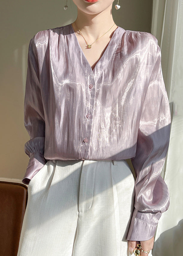Loose Purple V Neck Silk Shirt Long Sleeve
