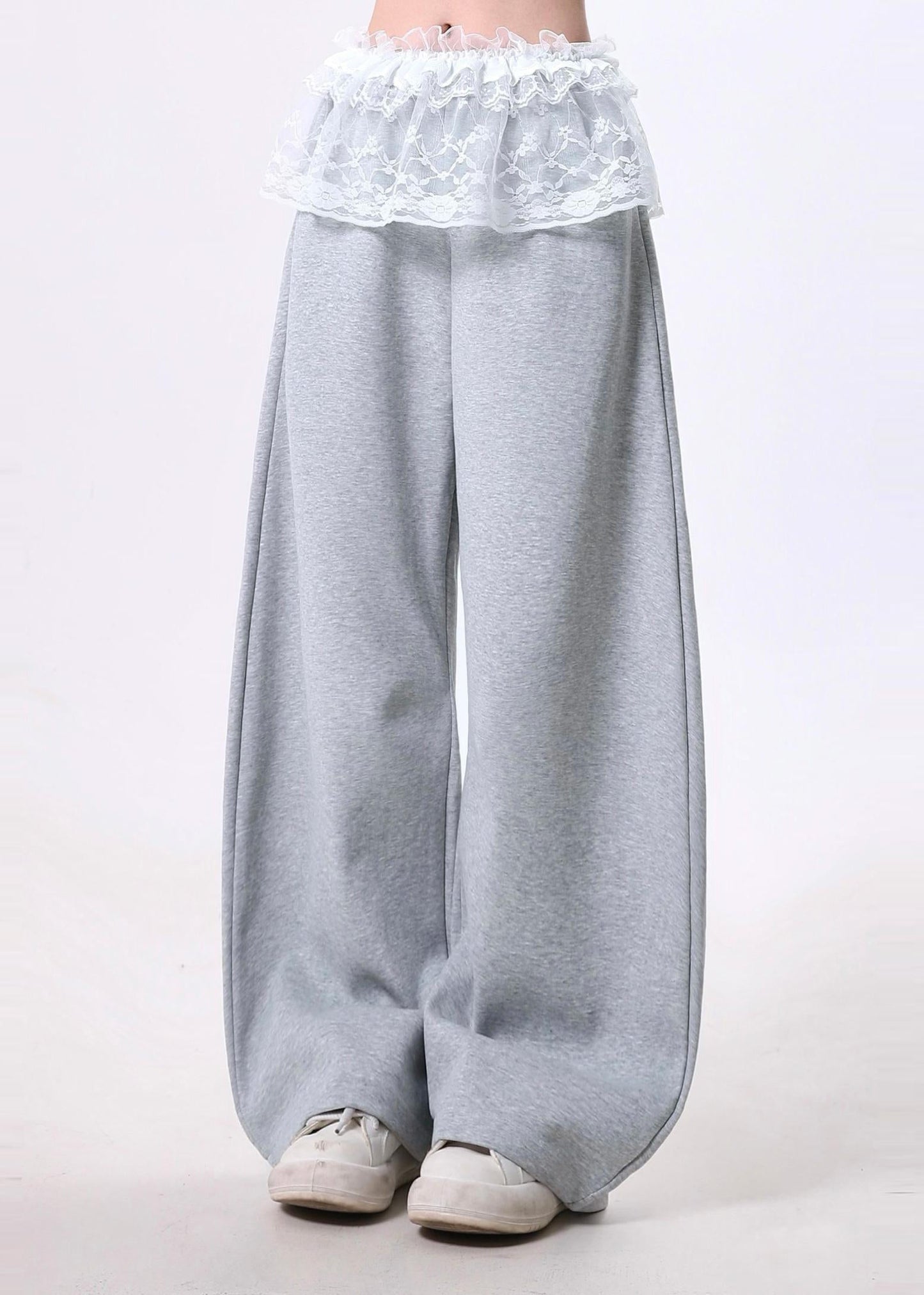 Grey Oversized Patchwork Lace Cotton Wide Leg Pants Spring