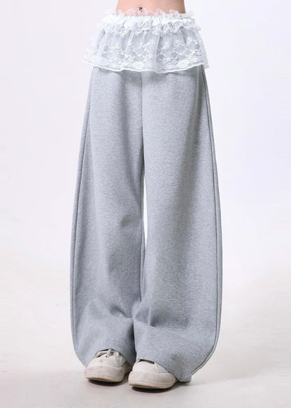 Grey Oversized Patchwork Lace Cotton Wide Leg Pants Spring