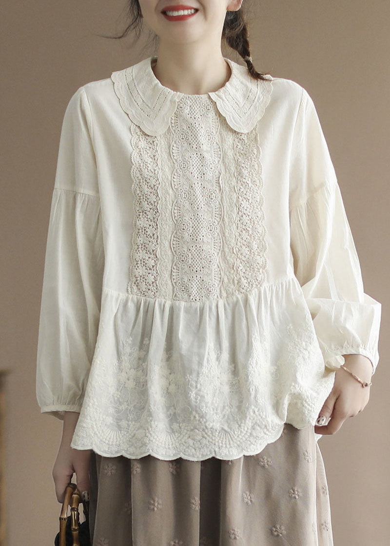 Apricot Peter Pan Collar Embroidered Cotton Shirt Tops Spring