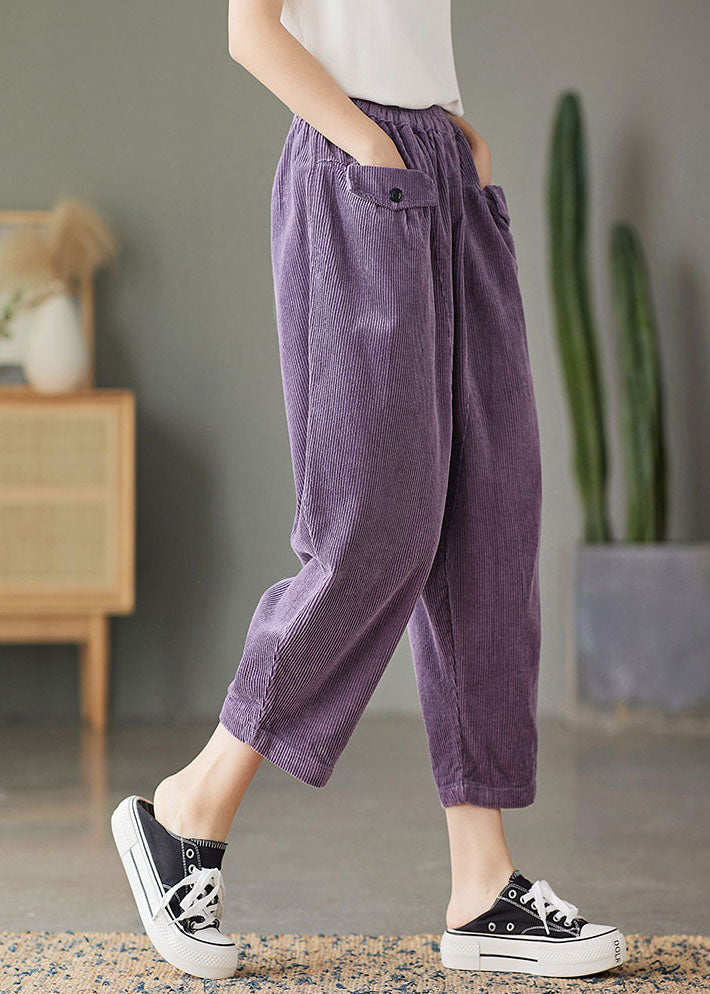 Purple Elastic Waist Pockets Corduroy Pants Spring