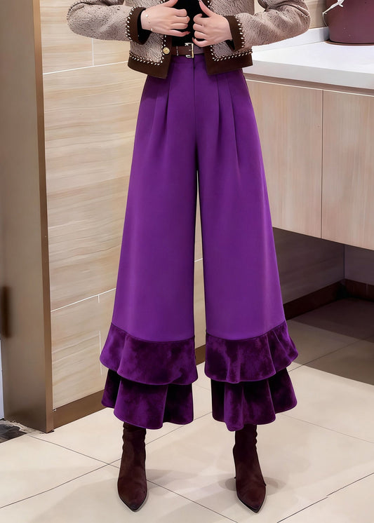 Purple Pockets High Waist Cotton Crop Pants Ruffled