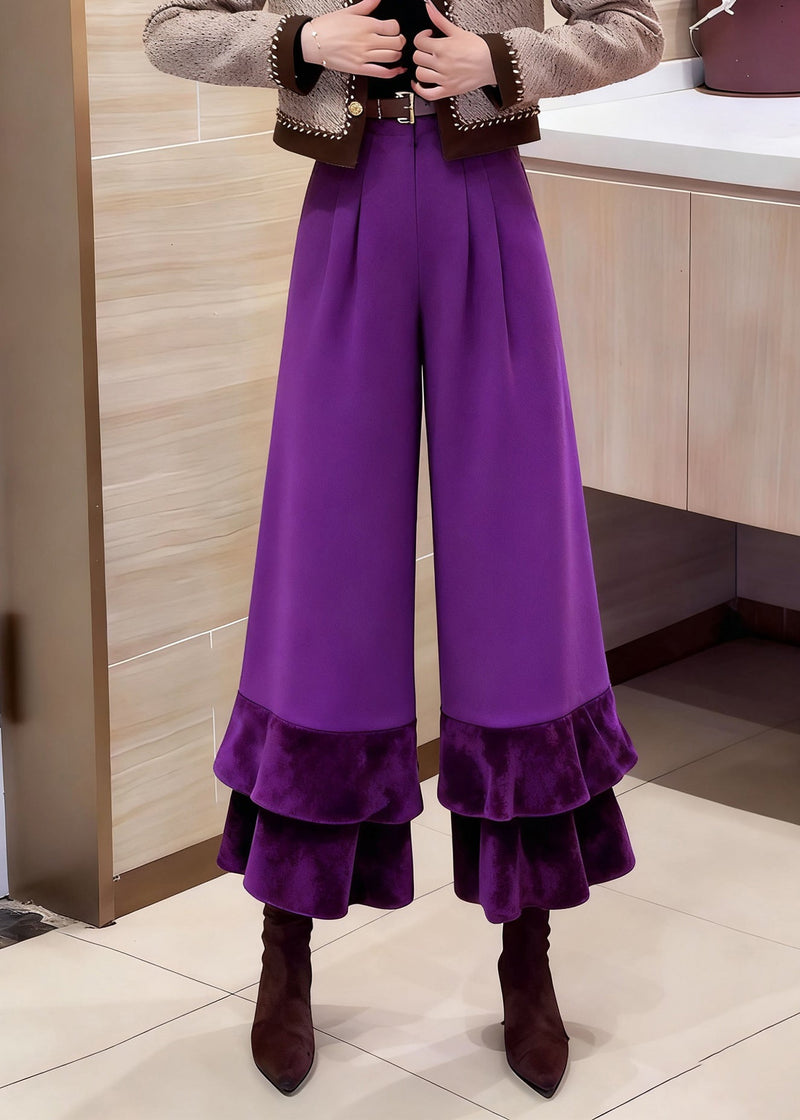 Purple Pockets High Waist Cotton Crop Pants Ruffled