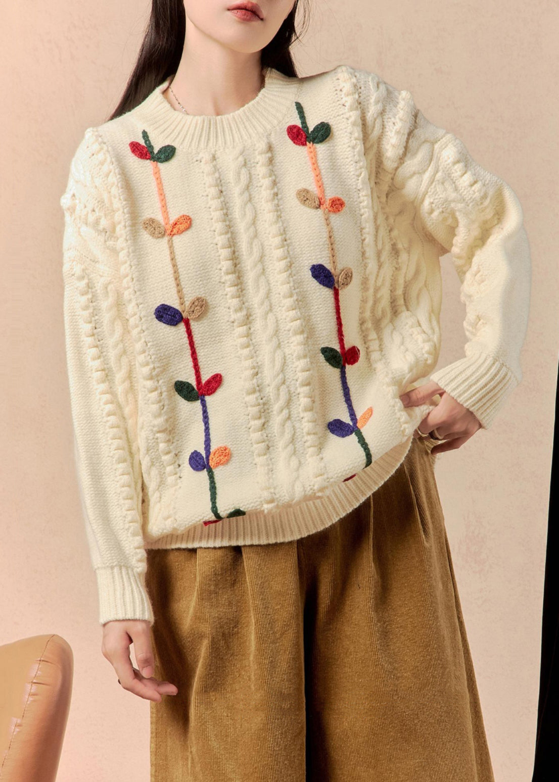 Beige O Neck Cozy Cable Knit Sweater Winter