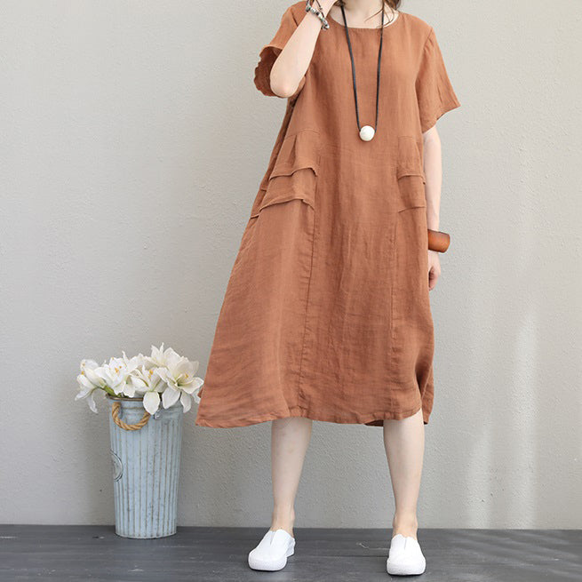 Orange Khaki Linen Shift Dresses Oversized Linen Cotton Dress O Neck Patchwork Cotton Dresses