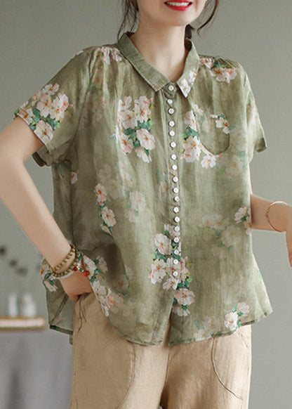 Peter Pan Collar Print Button Low High Design Linen Shirts Short Sleeve