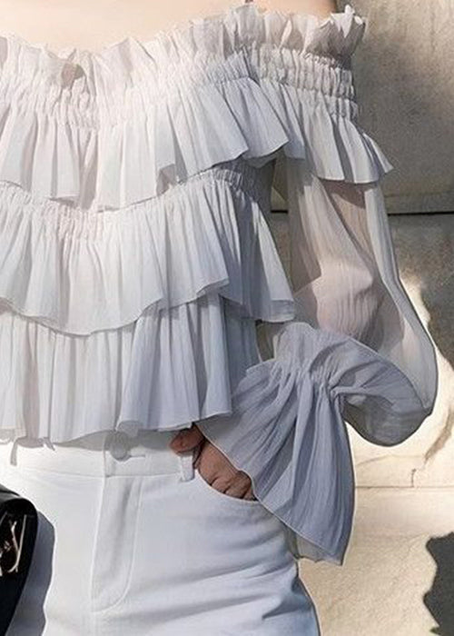 New Light Grey Ruffled Chiffon Blouses Butterfly Sleeve