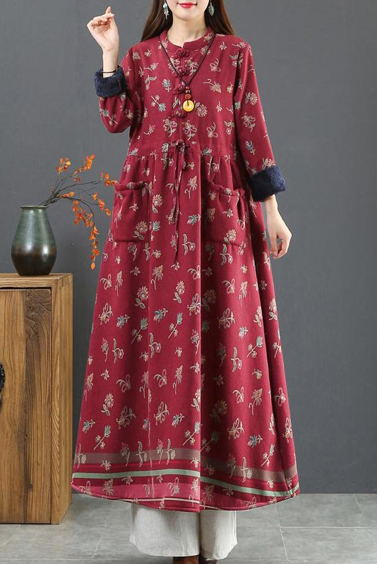 -winter Thick Plush Retro Cotton Linen Dress