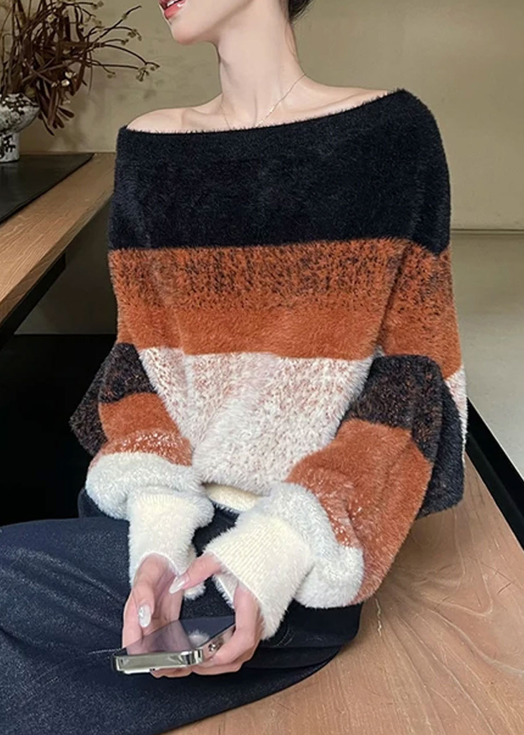 Stylish Slash Neck Striped Cozy Patchwork Knit Sweaters Winter