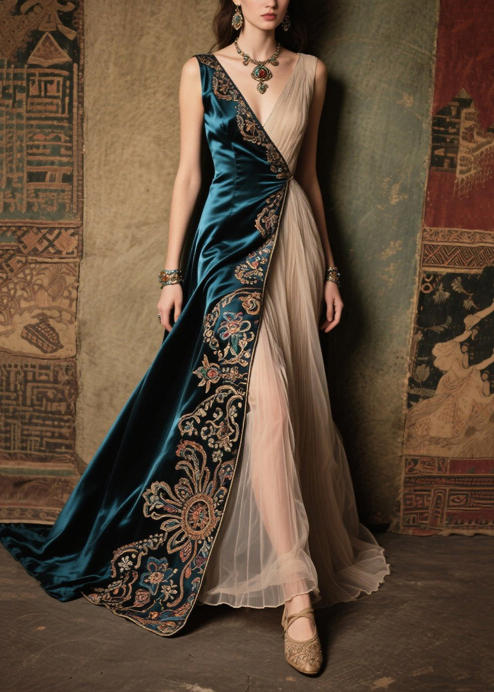 Peacock Blue Jacquard Tulle Patchwork Silk Velour Dress Summer