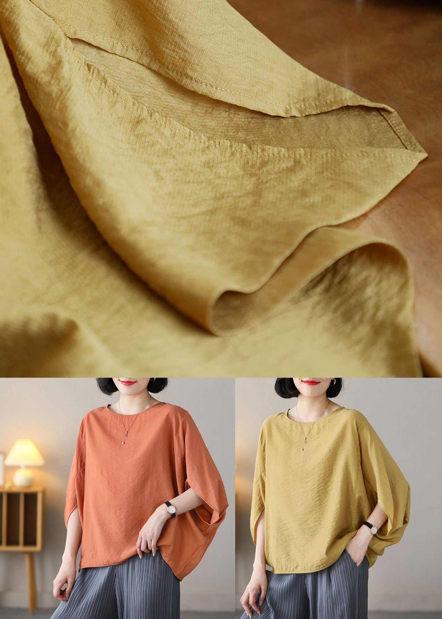 Yellow O-neck Oversized Linen Shirt Top Batwing Sleeve