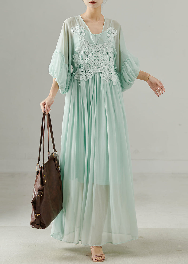 Green V Neck Patchwork Chiffon Long Dress Summer