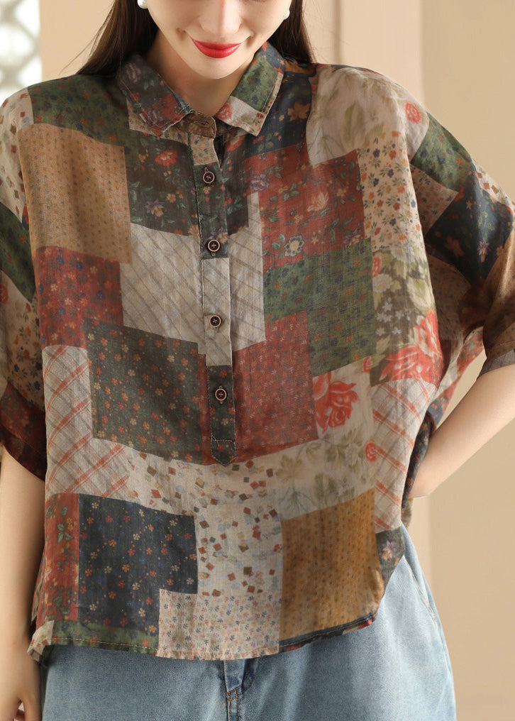 Green Peter Pan Collar Print Button Linen Shirt Summer