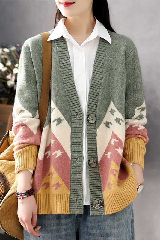 Contrast Color Loose Coat Knitted Cardigan