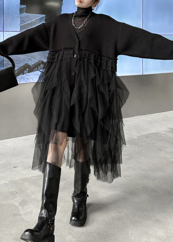 New Black V Neck Tulle Patchwork Cotton Knit Loose Cardigans Dresses Spring