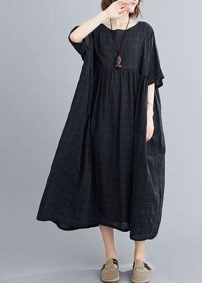 Loose Black O-neck Plaid Patchwork Maxi Dresses Summer