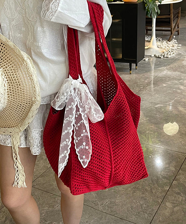 Red Hollow Out Large Capacity Knit Shoulder Bags