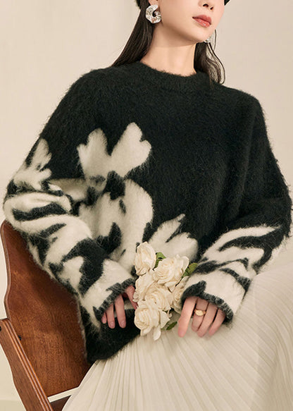 Modern Black O-neck Print Cotton Knit Cardigan Fall