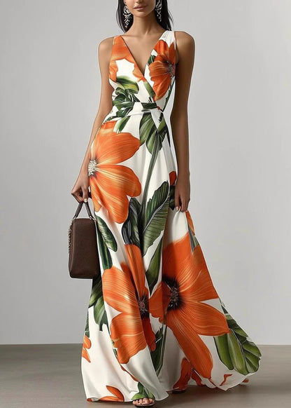 Classy Orange V Neck Print Chiffon Long Dress Sleeveless
