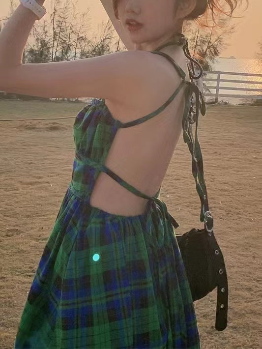 Retro Green Plaid Waist Backless Slip Dress