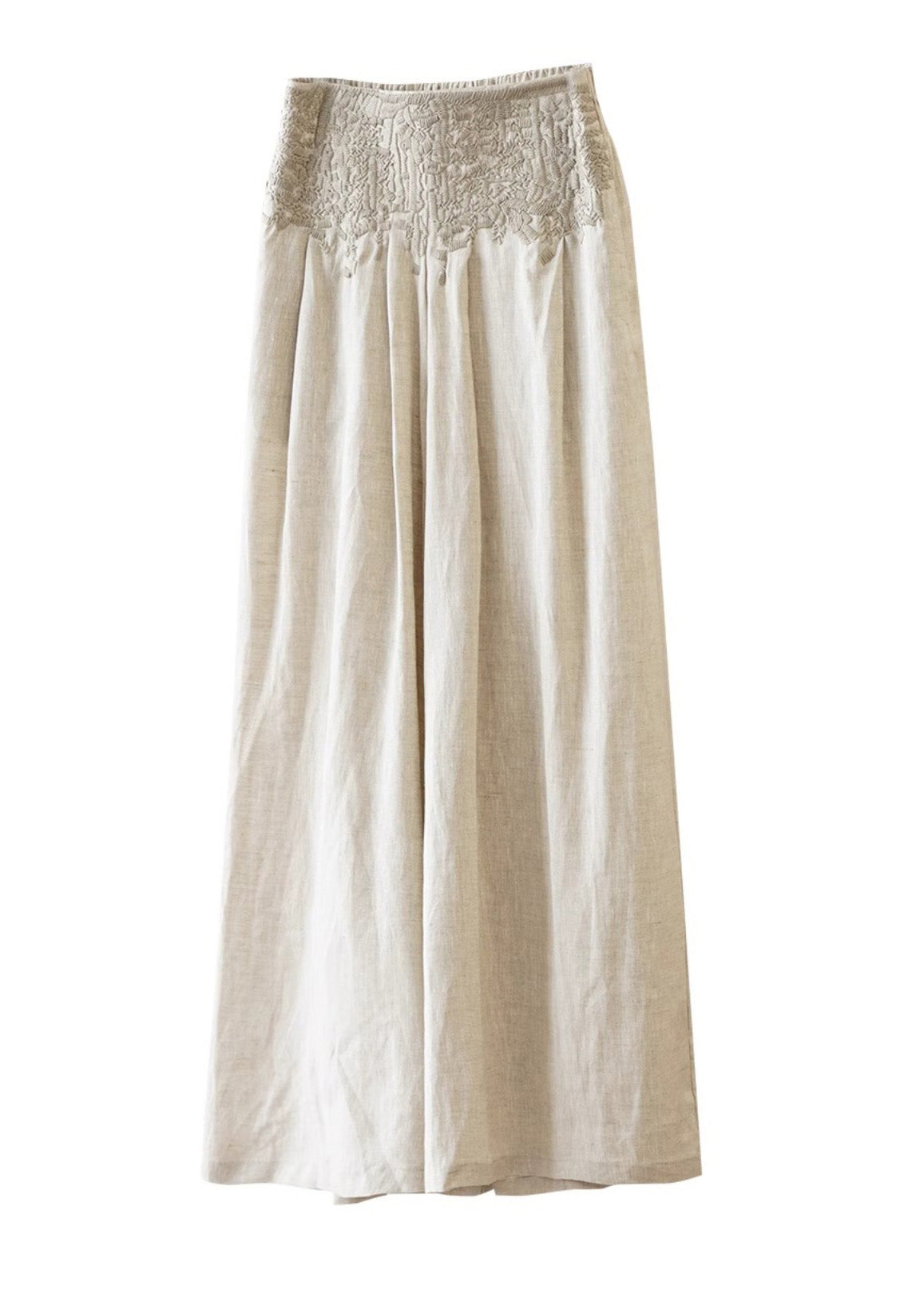 Apricot High Waist Embroidered Linen Wide Leg Pants Fall