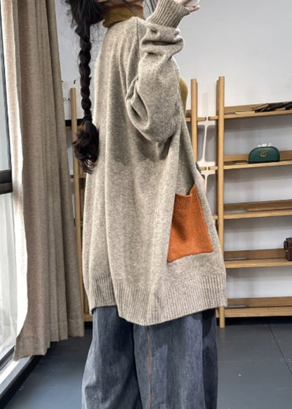 Khaki Pockets Patchwork Knit Cardigan Fall