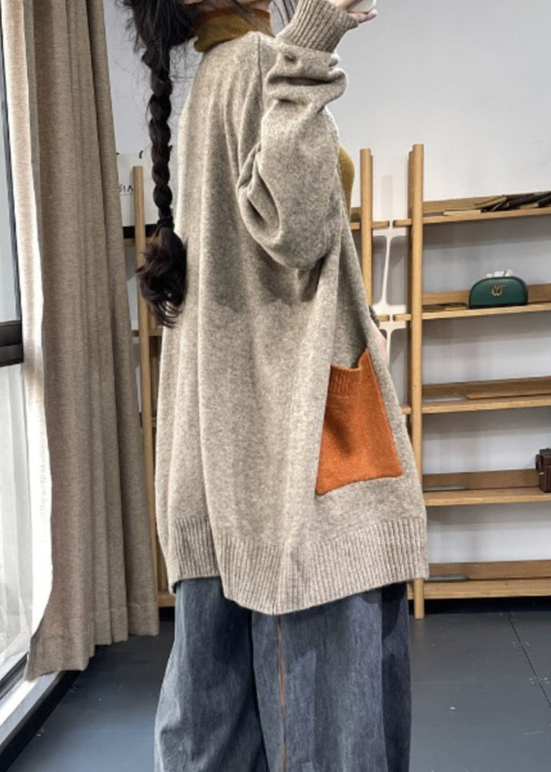 Khaki Pockets Patchwork Knit Cardigan Fall