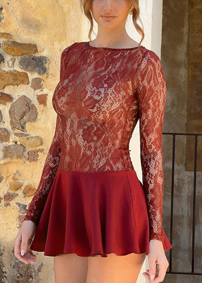 Red Hollow Out Lace Mid Dress Spring