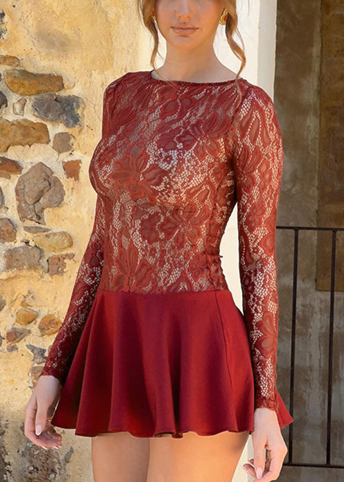 Red Hollow Out Lace Mid Dress Spring