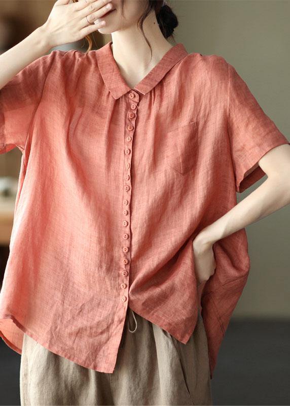 Orange Peter Pan Collar Pockets Patchwork Ramie Cardigan