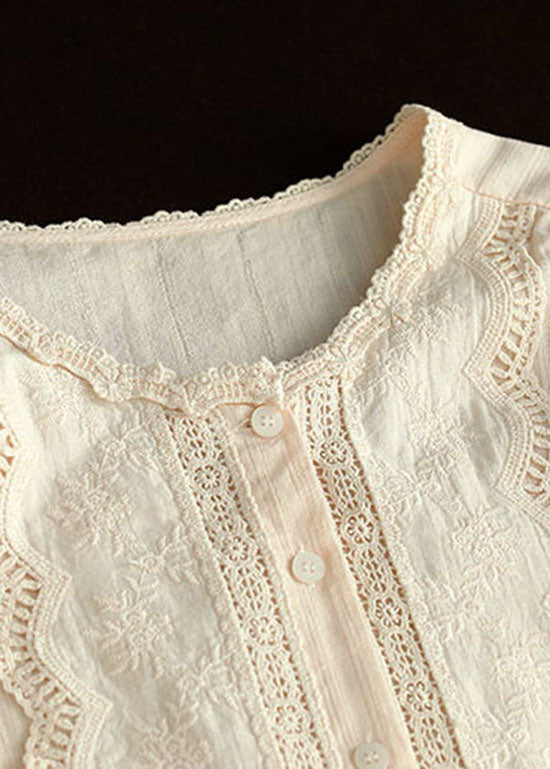 Apricot Hollow Out Embroidered Patchwork Cotton Blouses Summer