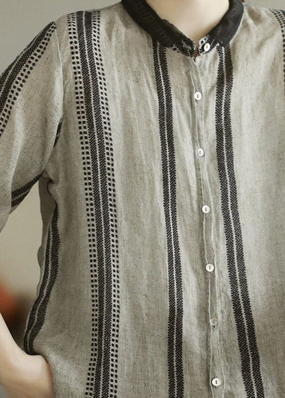 Black Grey Peter Pan Collar Print Patchwork Linen Shirt Top Summer